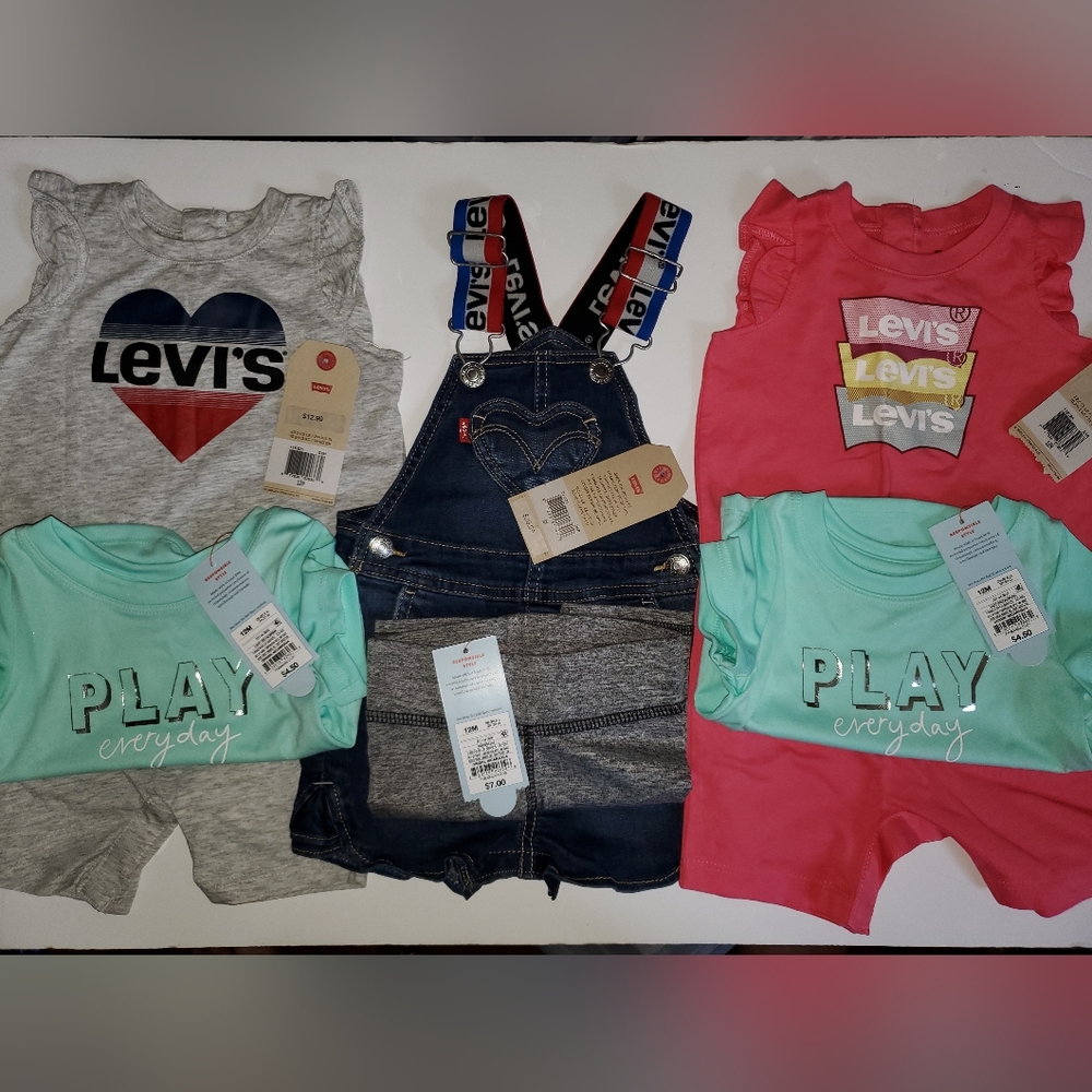 9/12 Months Girl Lot Levi's And Cat & Jack Blue Jean Overalls Romper Shirt 6pc
